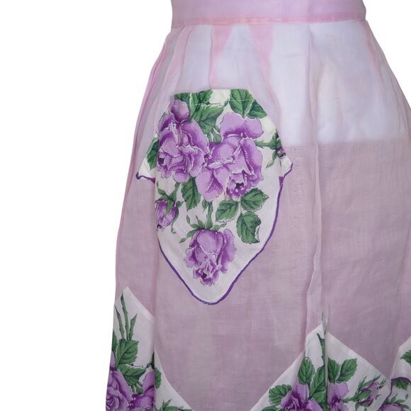 Vintage Handmade Sheer Pink Half Apron Floral Vintage Linen Hanky Trim & Pocket - Picture 4 of 11